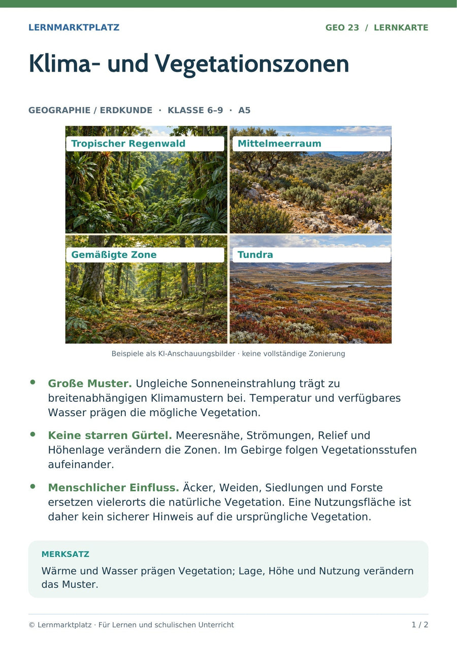 Geographie / Erdkunde: Klima- und Vegetationszonen – Vorderseite der A5-Lernkarte