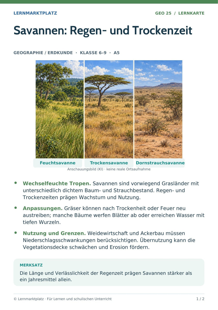 Geographie / Erdkunde: Savannen: Regen- und Trockenzeit – Vorderseite der A5-Lernkarte