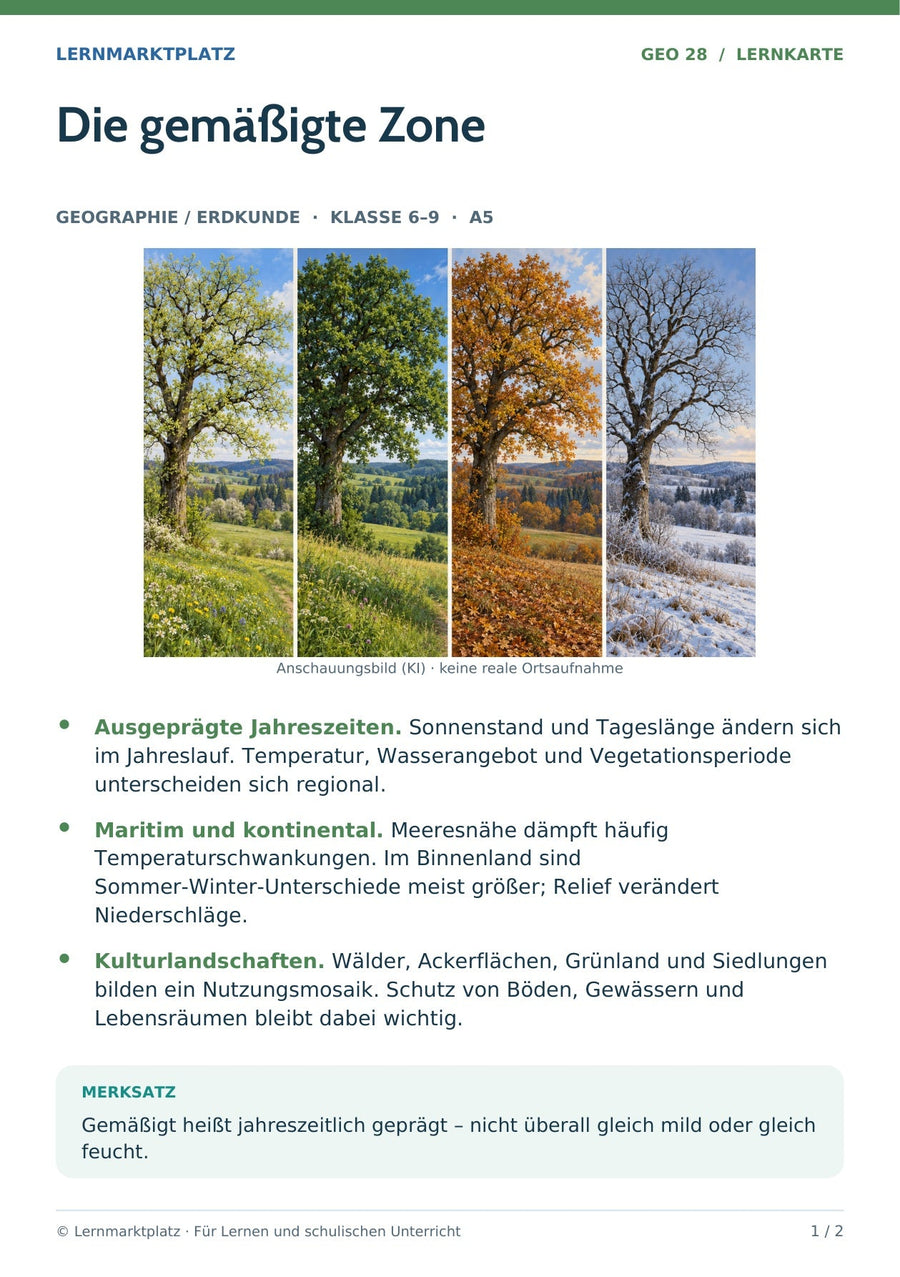 Geographie / Erdkunde: Die gemäßigte Zone – Vorderseite der A5-Lernkarte