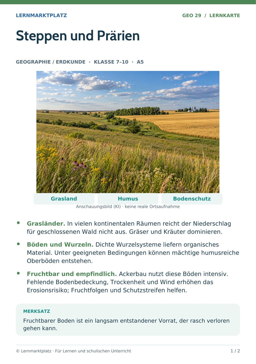 Geographie / Erdkunde: Steppen und Prärien – Vorderseite der A5-Lernkarte