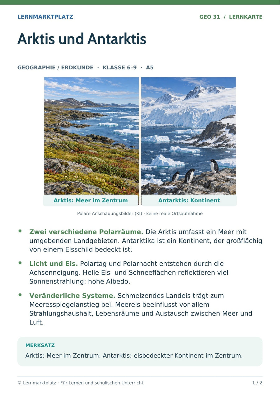 Geographie / Erdkunde: Arktis und Antarktis – Vorderseite der A5-Lernkarte