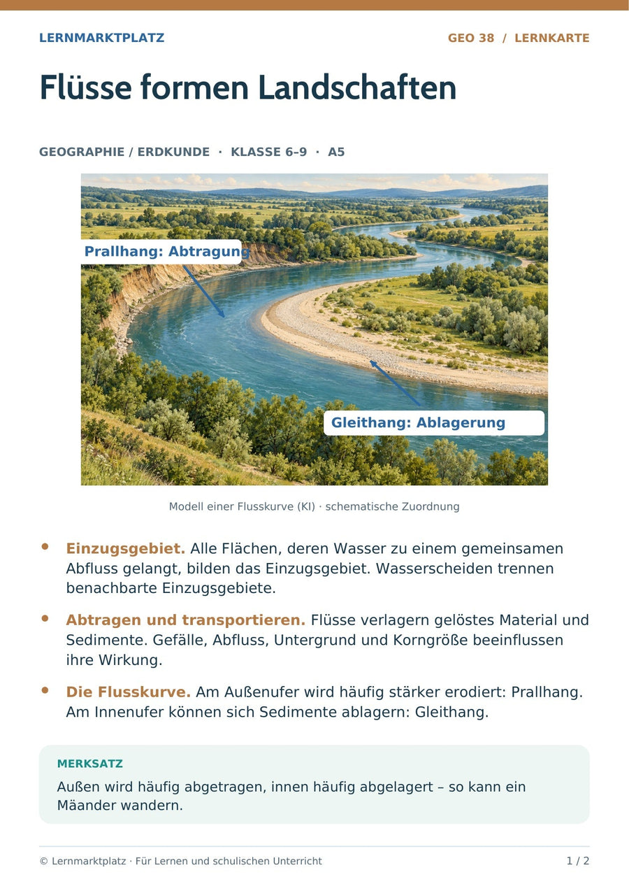 Geographie / Erdkunde: Flüsse formen Landschaften – Vorderseite der A5-Lernkarte