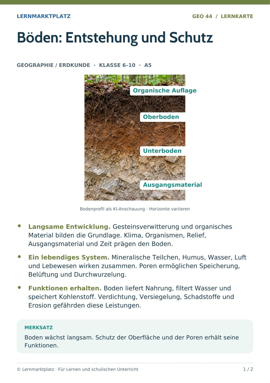 Geographie / Erdkunde: Böden: Entstehung und Schutz – Vorderseite der A5-Lernkarte