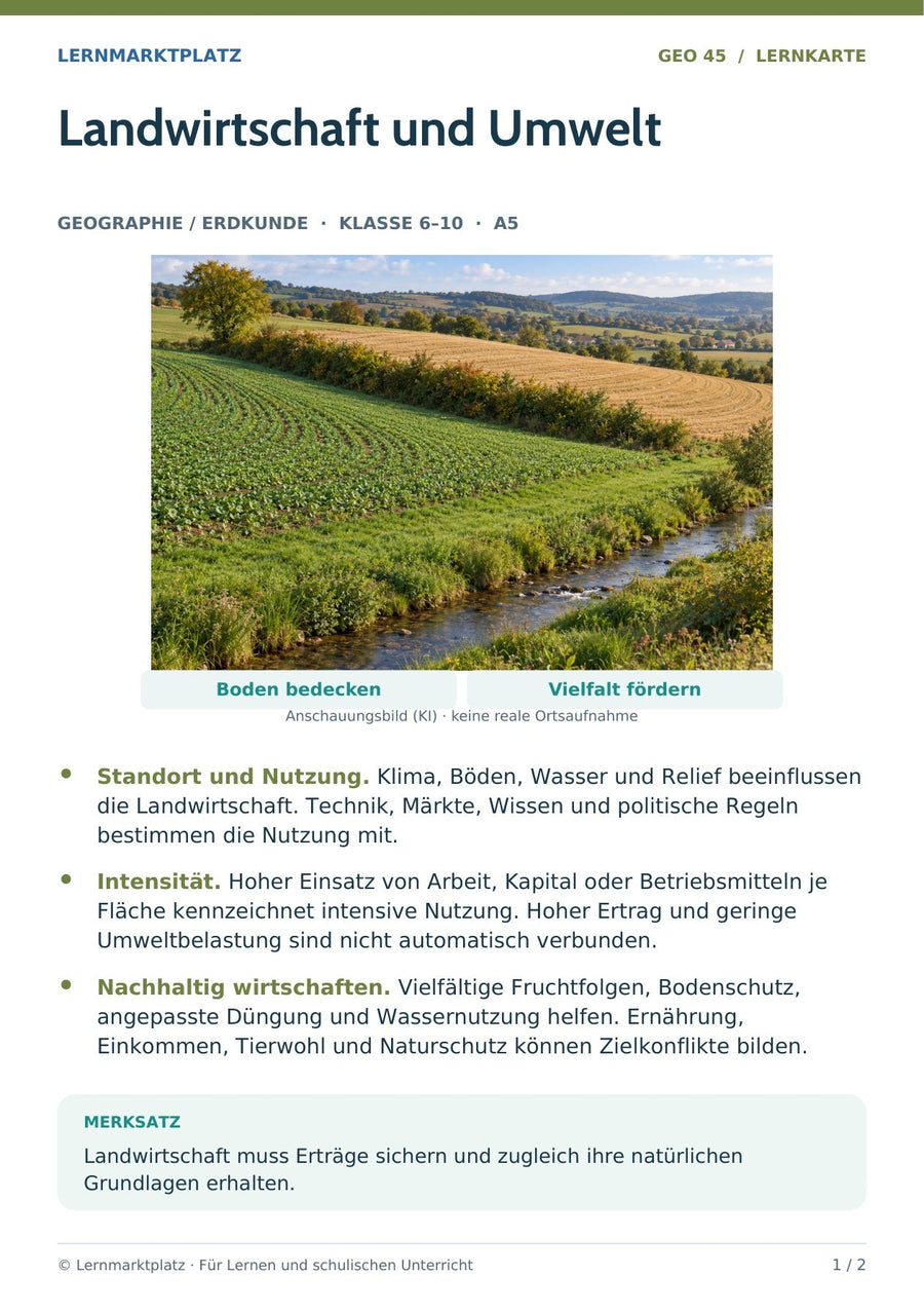 Geographie / Erdkunde: Landwirtschaft und Umwelt – Vorderseite der A5-Lernkarte