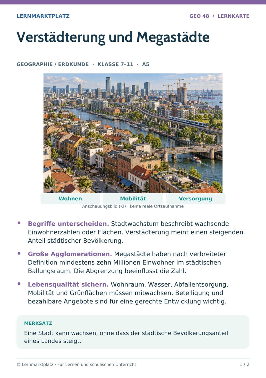 Geographie / Erdkunde: Verstädterung und Megastädte – Vorderseite der A5-Lernkarte