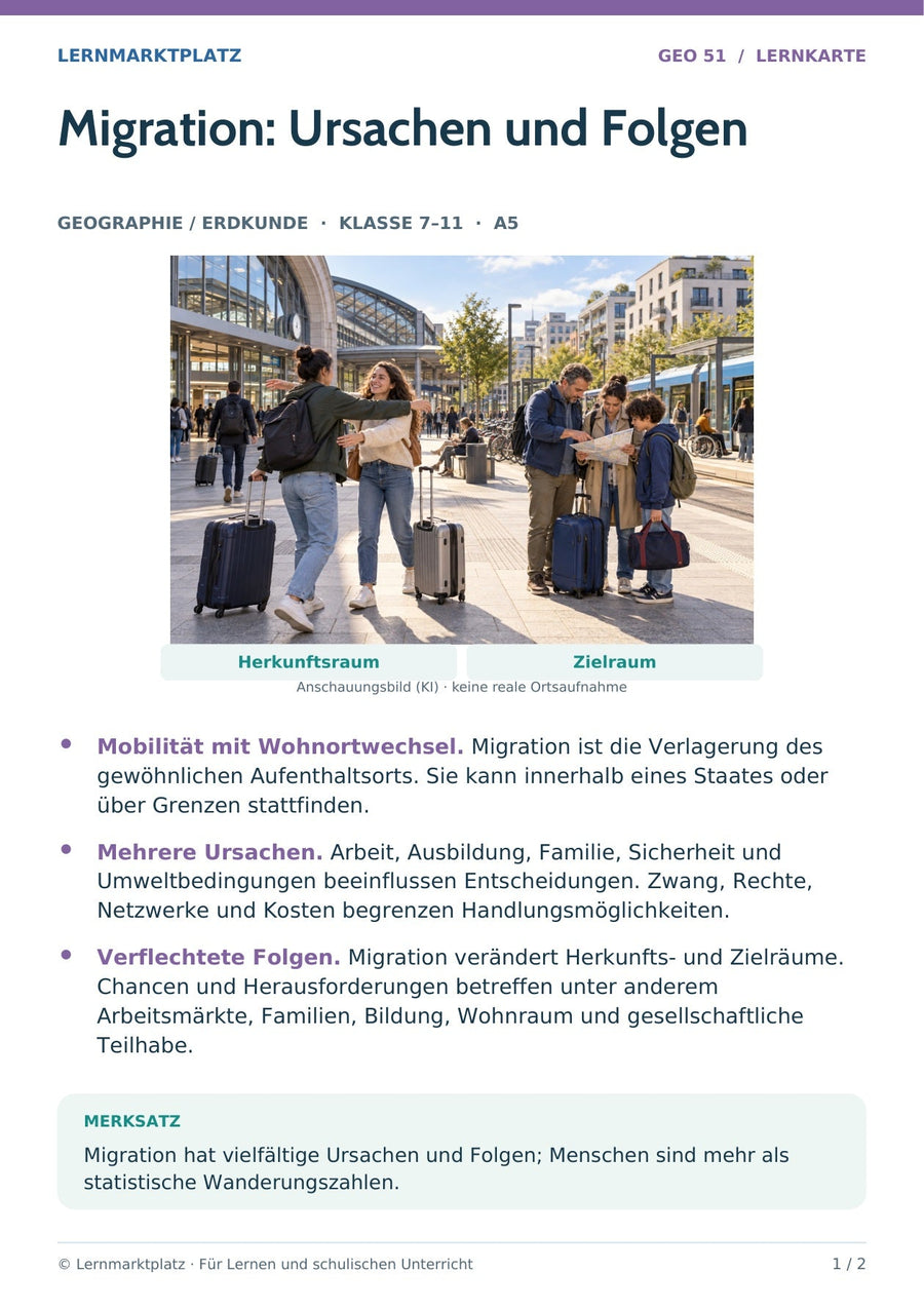 Geographie / Erdkunde: Migration: Ursachen und Folgen – Vorderseite der A5-Lernkarte