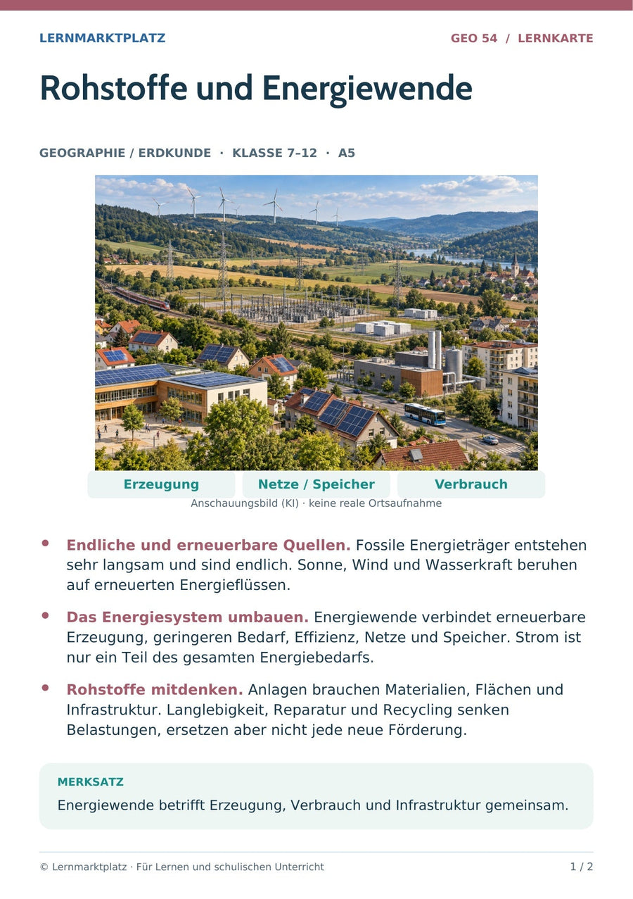 Geographie / Erdkunde: Rohstoffe und Energiewende – Vorderseite der A5-Lernkarte