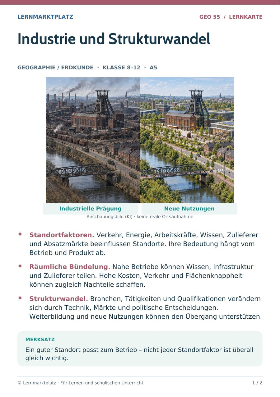 Geographie / Erdkunde: Industrie und Strukturwandel – Vorderseite der A5-Lernkarte