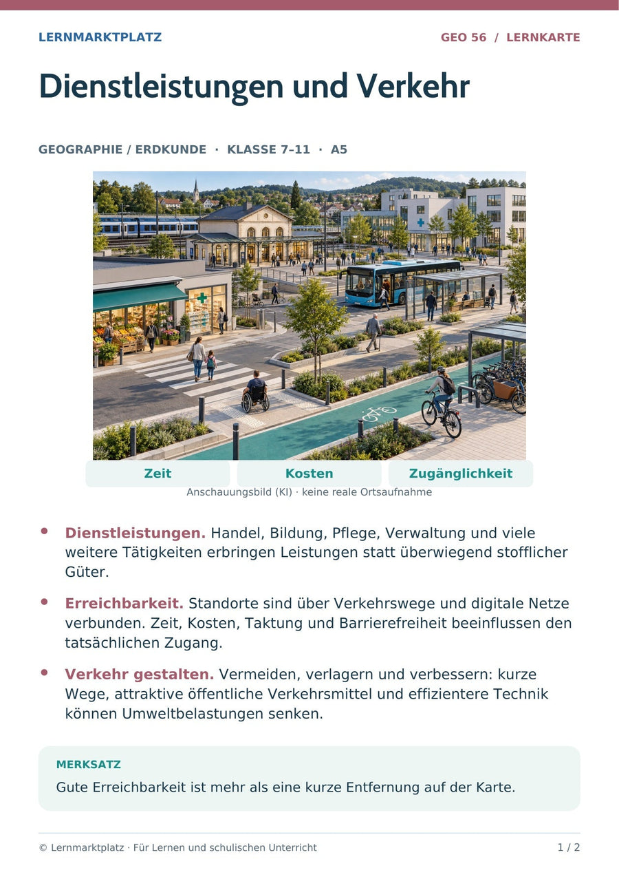 Geographie / Erdkunde: Dienstleistungen und Verkehr – Vorderseite der A5-Lernkarte