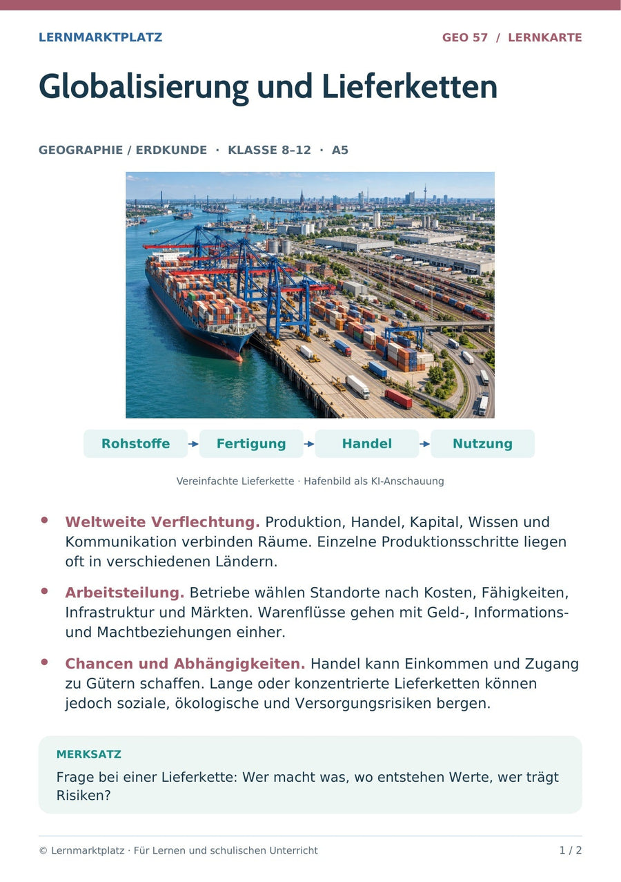 Geographie / Erdkunde: Globalisierung und Lieferketten – Vorderseite der A5-Lernkarte