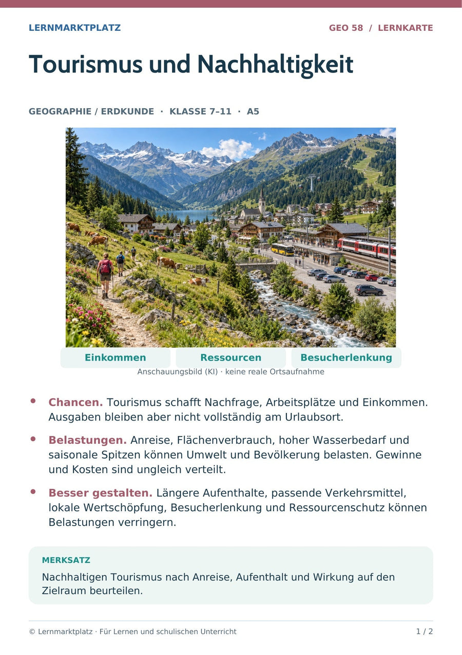 Geographie / Erdkunde: Tourismus und Nachhaltigkeit – Vorderseite der A5-Lernkarte
