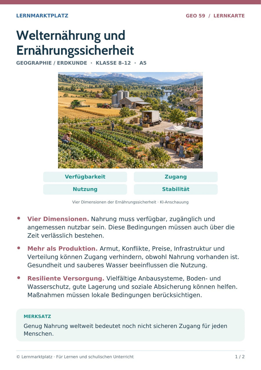 Geographie / Erdkunde: Welternährung und Ernährungssicherheit – Vorderseite der A5-Lernkarte