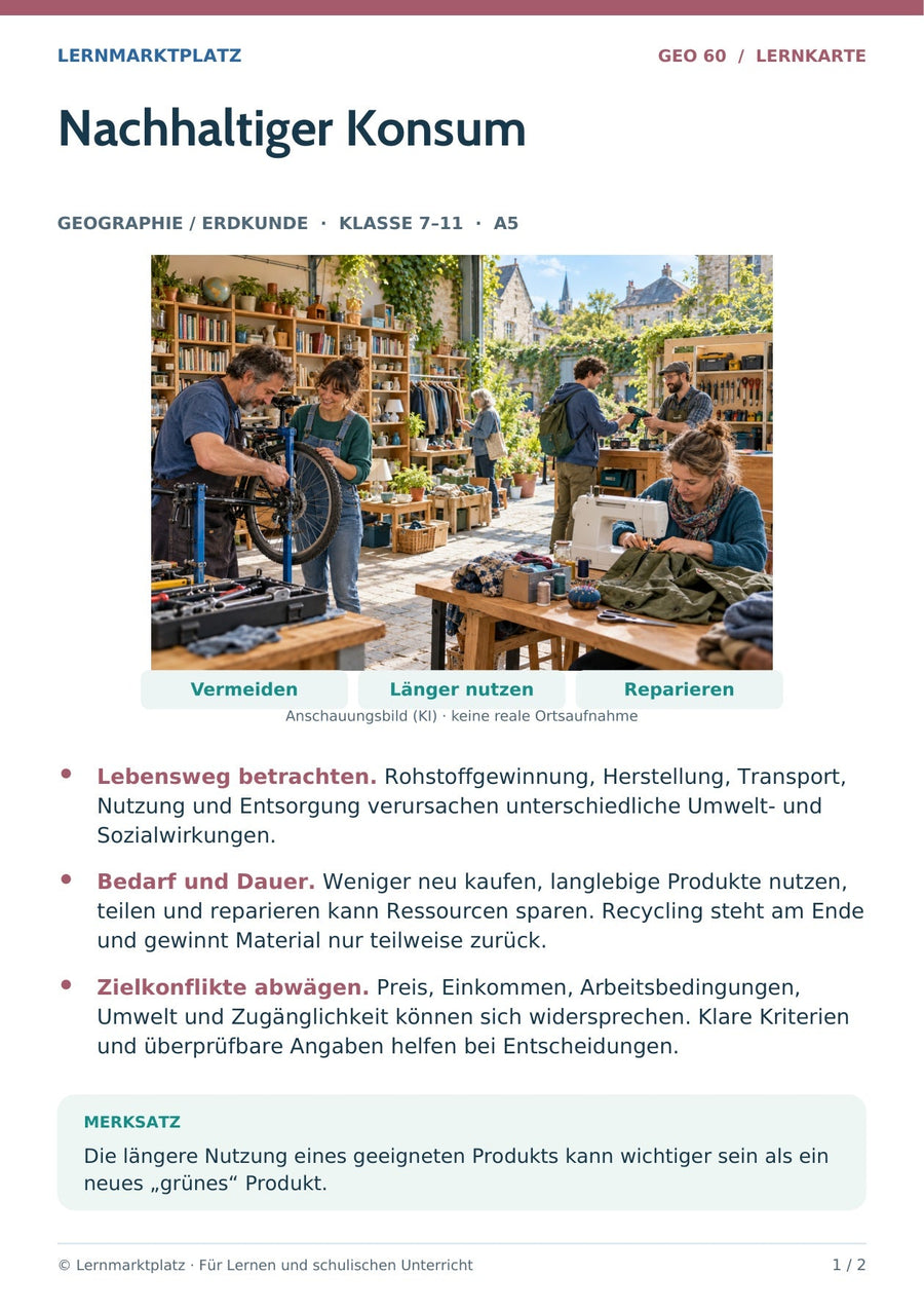Geographie / Erdkunde: Nachhaltiger Konsum – Vorderseite der A5-Lernkarte