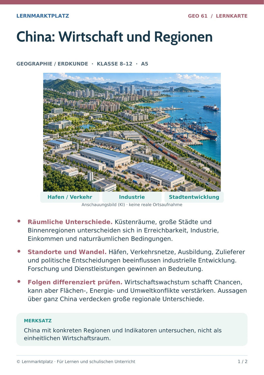 Geographie / Erdkunde: China: Wirtschaft und Regionen – Vorderseite der A5-Lernkarte