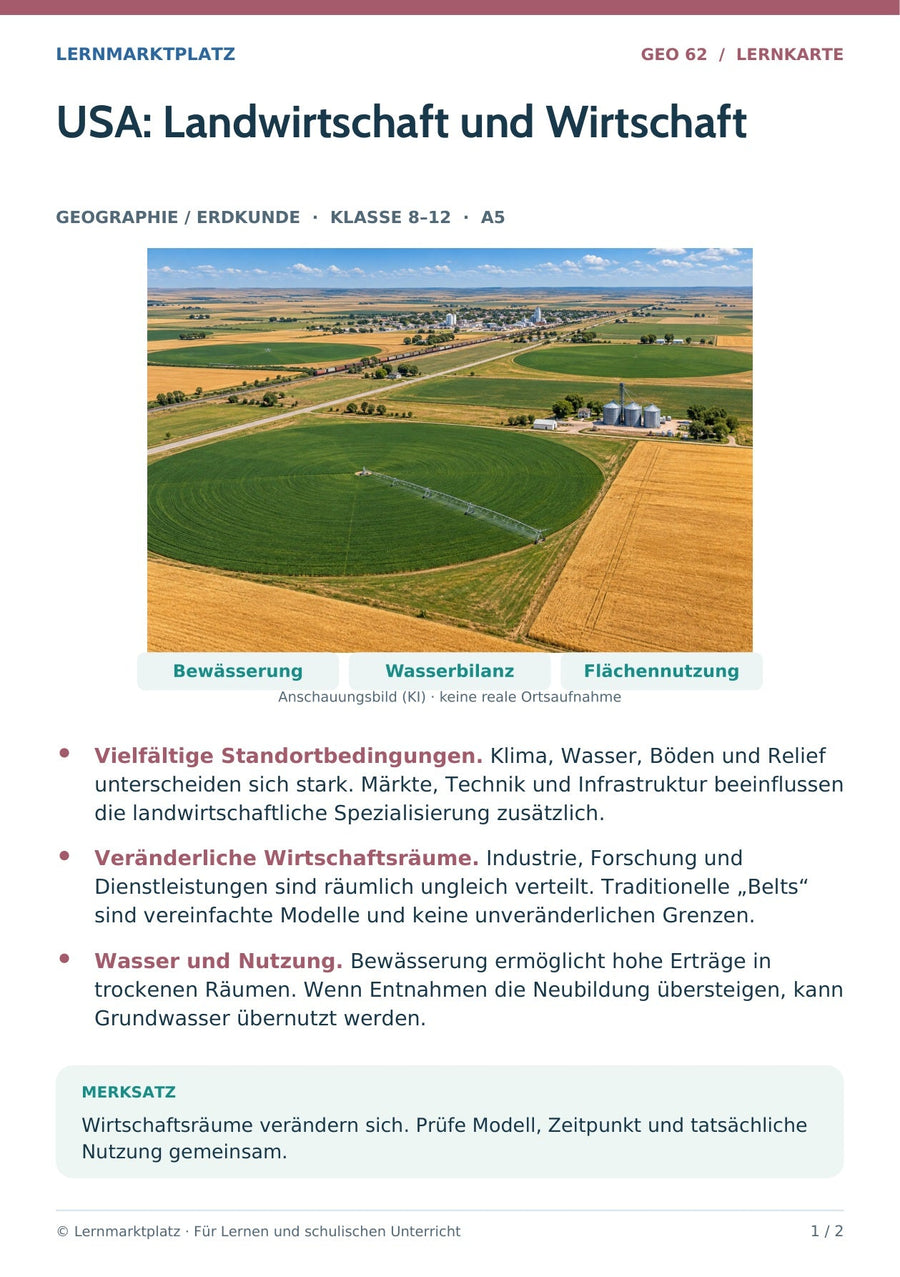 Geographie / Erdkunde: USA: Landwirtschaft und Wirtschaft – Vorderseite der A5-Lernkarte