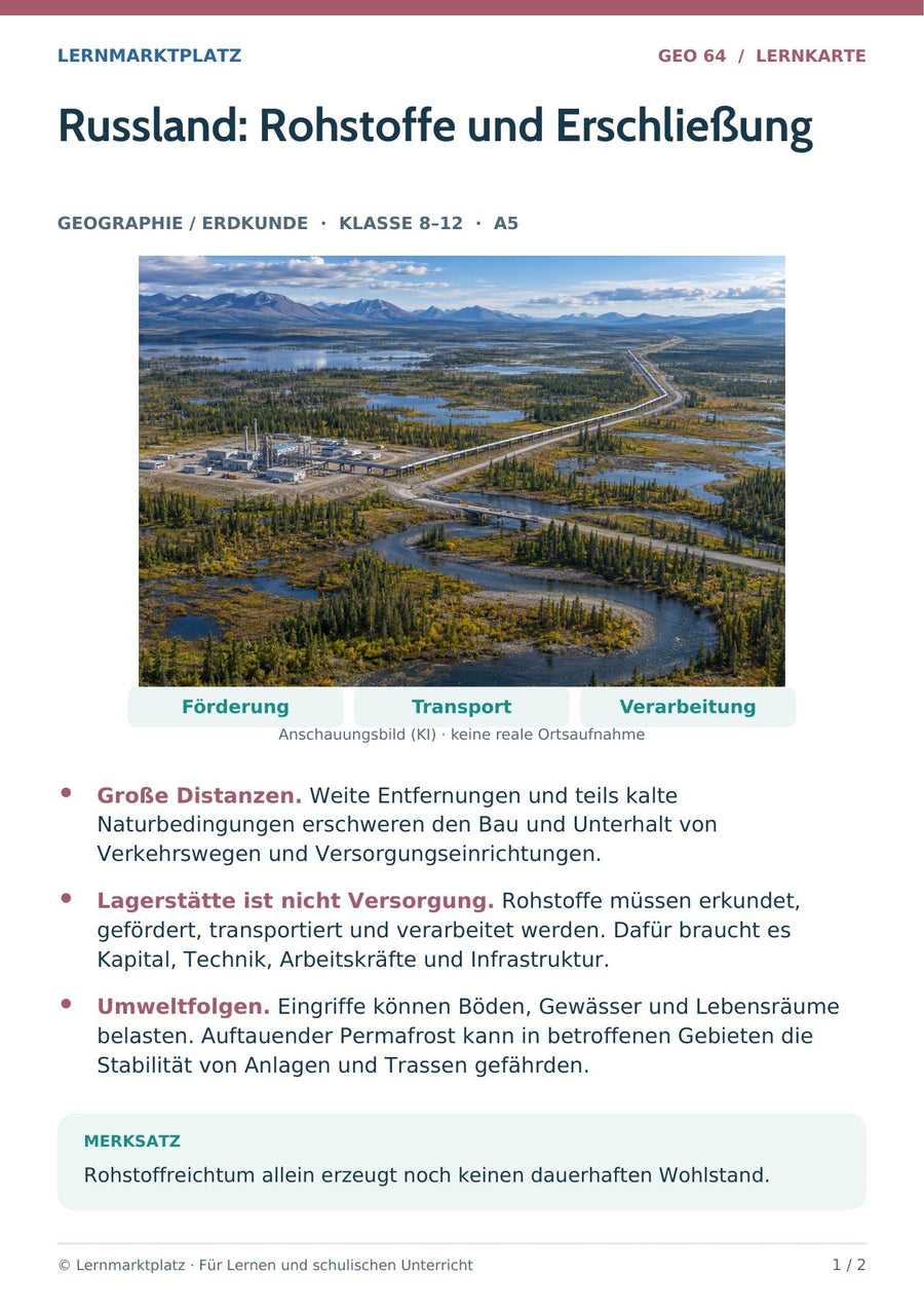 Geographie / Erdkunde: Russland: Rohstoffe und Erschließung – Vorderseite der A5-Lernkarte