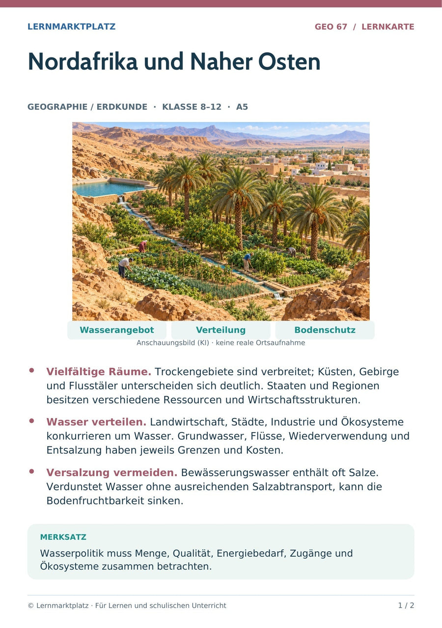Geographie / Erdkunde: Nordafrika und Naher Osten – Vorderseite der A5-Lernkarte