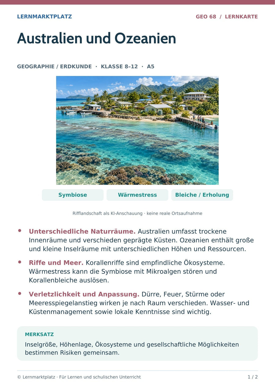 Geographie / Erdkunde: Australien und Ozeanien – Vorderseite der A5-Lernkarte
