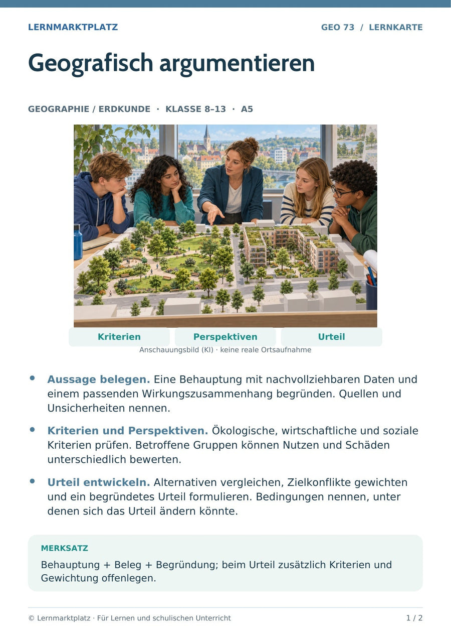 Geographie / Erdkunde: Geografisch argumentieren – Vorderseite der A5-Lernkarte