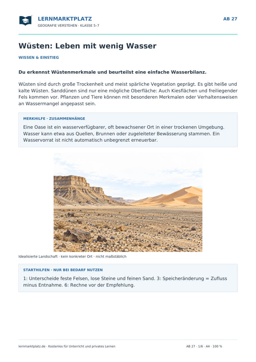 Wüsten: Leben mit wenig Wasser – Vorschau des Arbeitsblatts