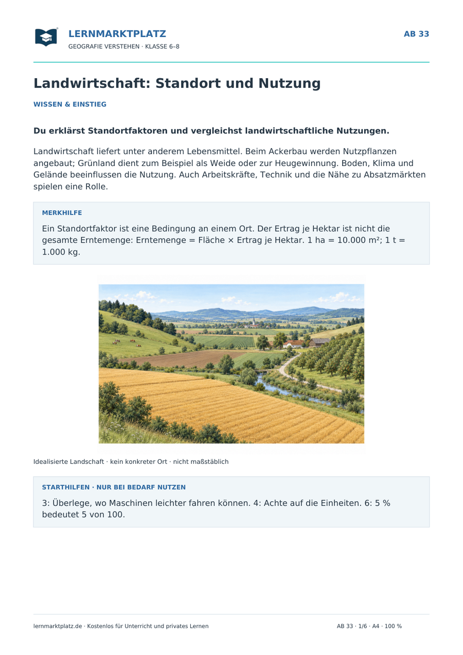 Landwirtschaft: Standort und Nutzung – Vorschau des Arbeitsblatts