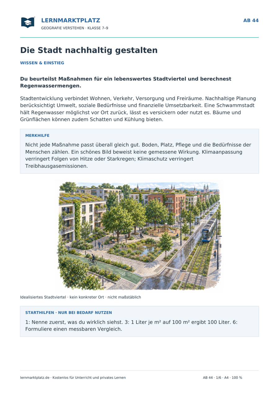 Die Stadt nachhaltig gestalten – Vorschau der Wissensseite des Geografie-Arbeitsblatts mit Lösungen