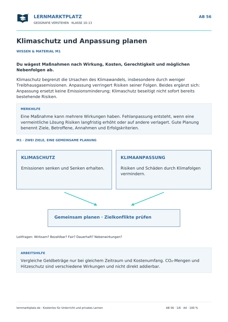 Klimaschutz und Anpassung planen – Wissensseite des Geografie-Arbeitsblatts für Klasse 10–13