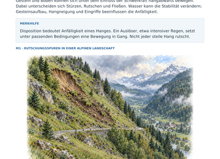 Massenbewegungen am Hang: Rutschungen, Stürzen und Fließen – illustriertes Geografie-Arbeitsblatt für Klasse 10–13
