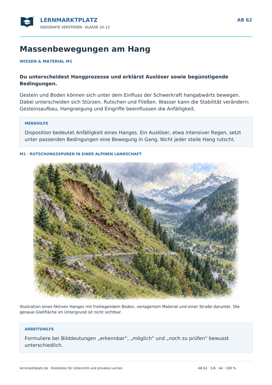 Massenbewegungen am Hang: Rutschungen, Stürzen und Fließen – illustriertes Geografie-Arbeitsblatt für Klasse 10–13