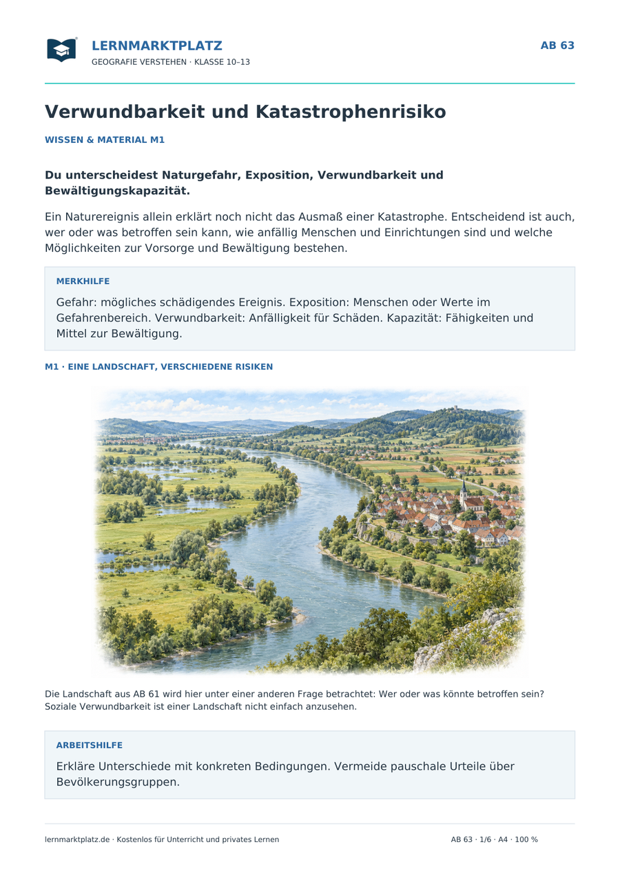 Verwundbarkeit und Katastrophenrisiko – illustriertes Geografie-Arbeitsblatt für Klasse 10–13