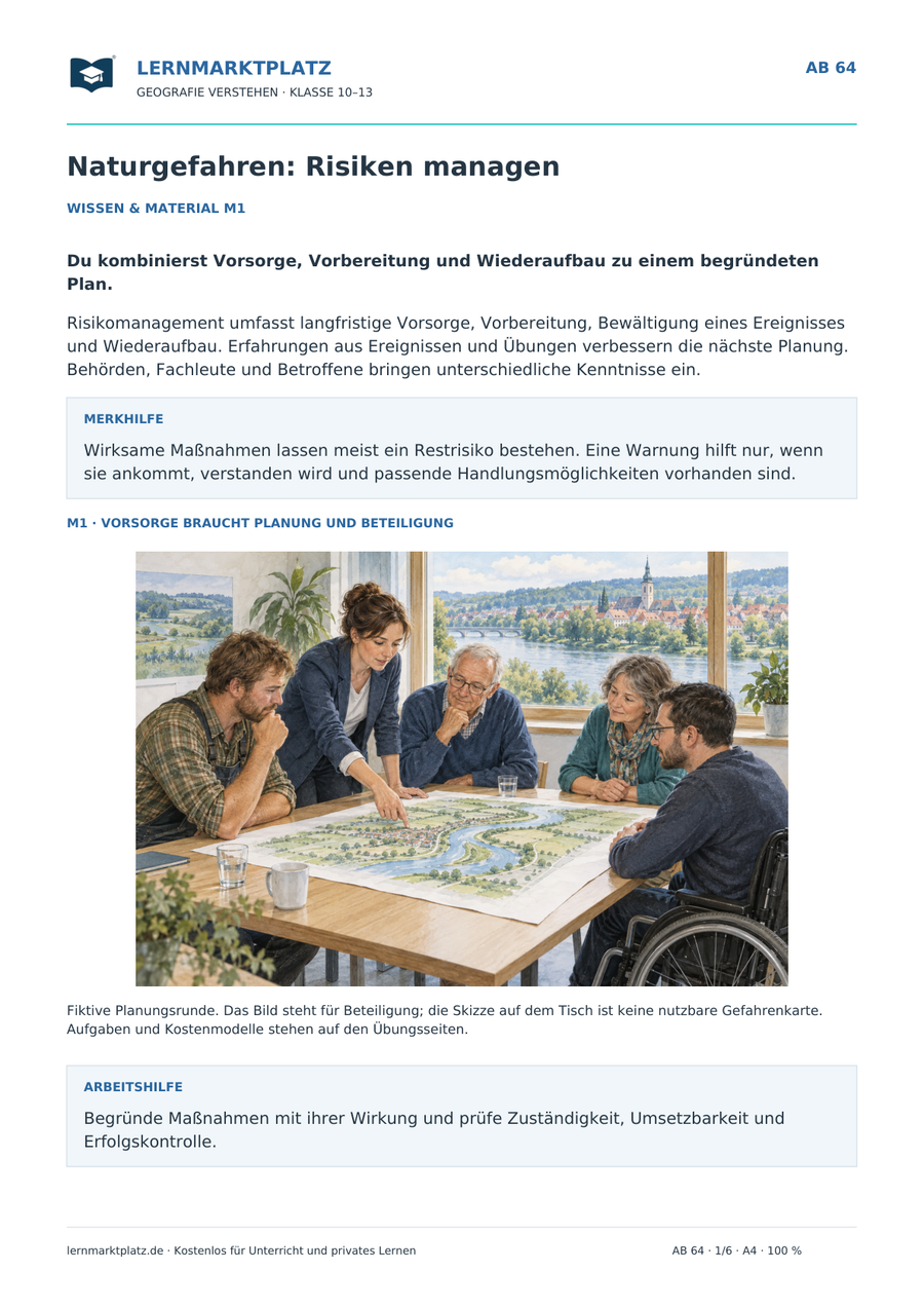 Risikomanagement bei Naturgefahren – illustriertes Geografie-Arbeitsblatt für Klasse 10–13