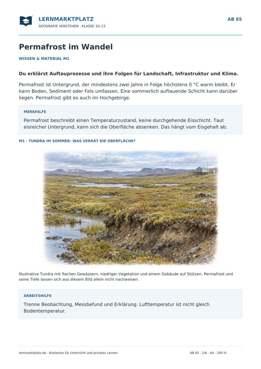 Permafrost im Wandel – illustriertes Geografie-Arbeitsblatt für Klasse 10–13