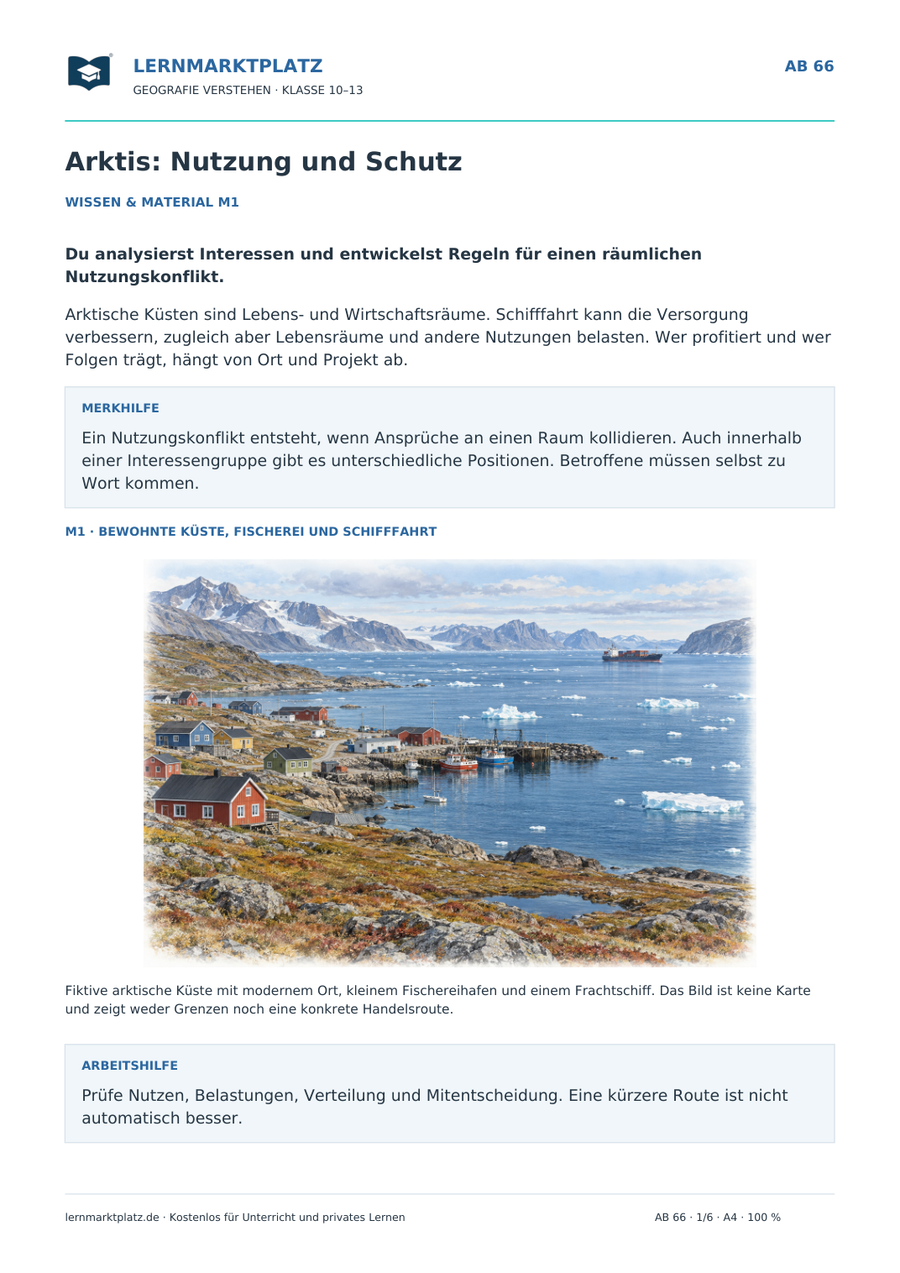 Arktis: Nutzungskonflikte und Schutz – illustriertes Geografie-Arbeitsblatt für Klasse 10–13