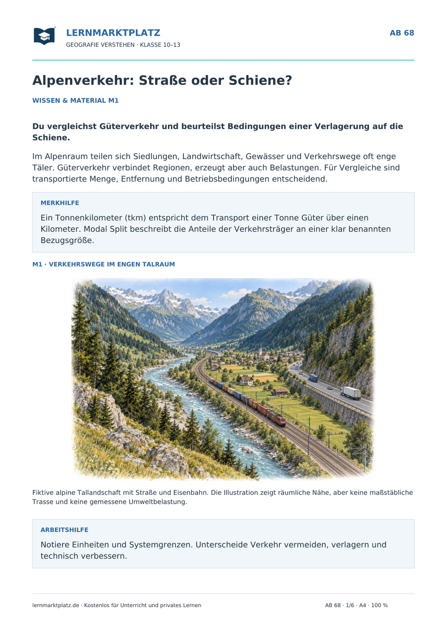 Alpenverkehr: Straße oder Schiene? – illustriertes Geografie-Arbeitsblatt für Klasse 10–13