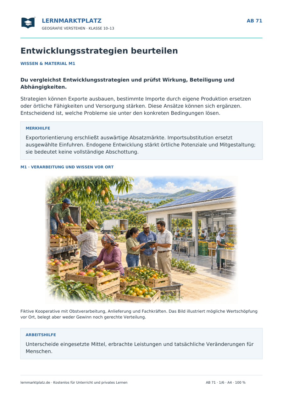 Entwicklungsstrategien beurteilen – illustriertes Geografie-Arbeitsblatt für Klasse 10–13