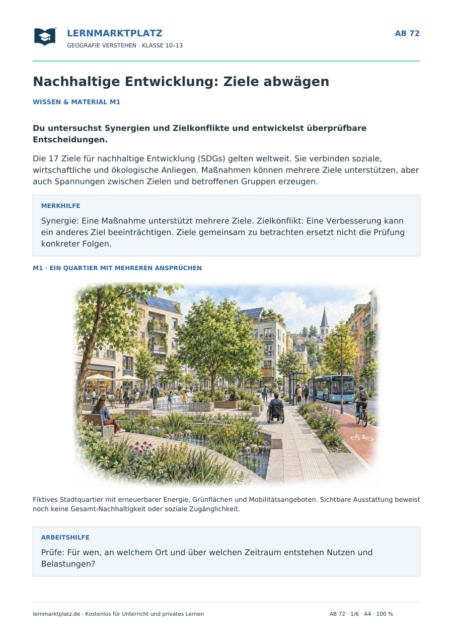 Nachhaltige Entwicklung: SDGs und Zielkonflikte – illustriertes Geografie-Arbeitsblatt für Klasse 10–13