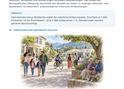 Demografischer Übergang – Geografie-Arbeitsblatt mit Schulbuchillustration für Klasse 10–13