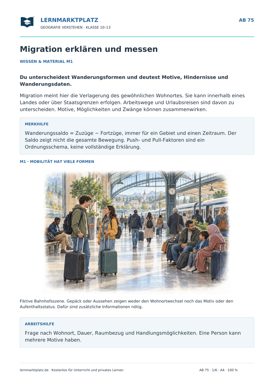 Migration erklären und messen – illustriertes Geografie-Arbeitsblatt für Klasse 10–13