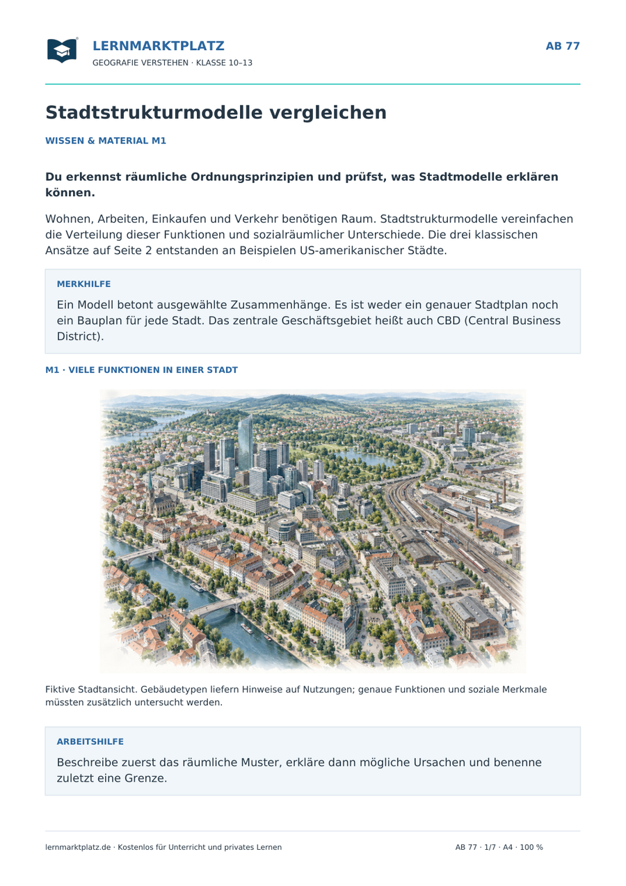 Stadtstrukturmodelle vergleichen – illustriertes Geografie-Arbeitsblatt für Klasse 10–13