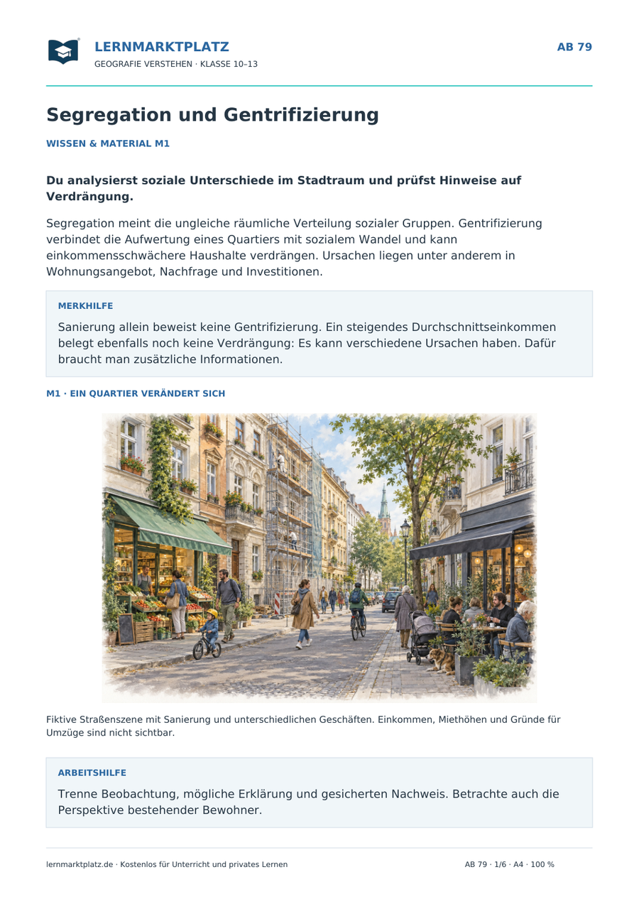 Segregation und Gentrifizierung – illustriertes Geografie-Arbeitsblatt für Klasse 10–13