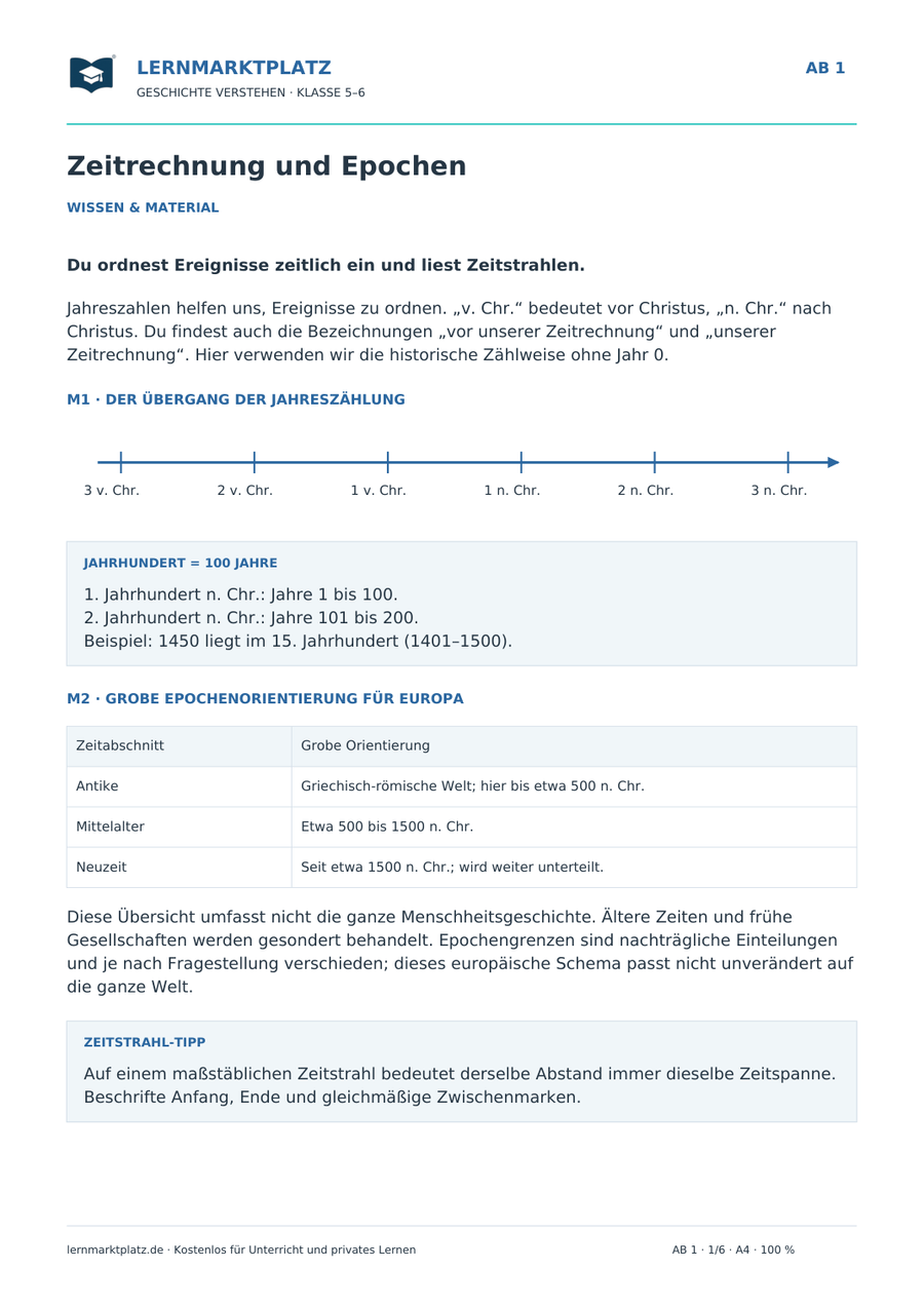 Zeitrechnung und Epochen – kostenloses Geschichte-Arbeitsblatt mit Lösungen (PDF)