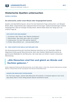 Historische Quellen untersuchen – kostenloses Geschichte-Arbeitsblatt mit Lösungen (PDF)