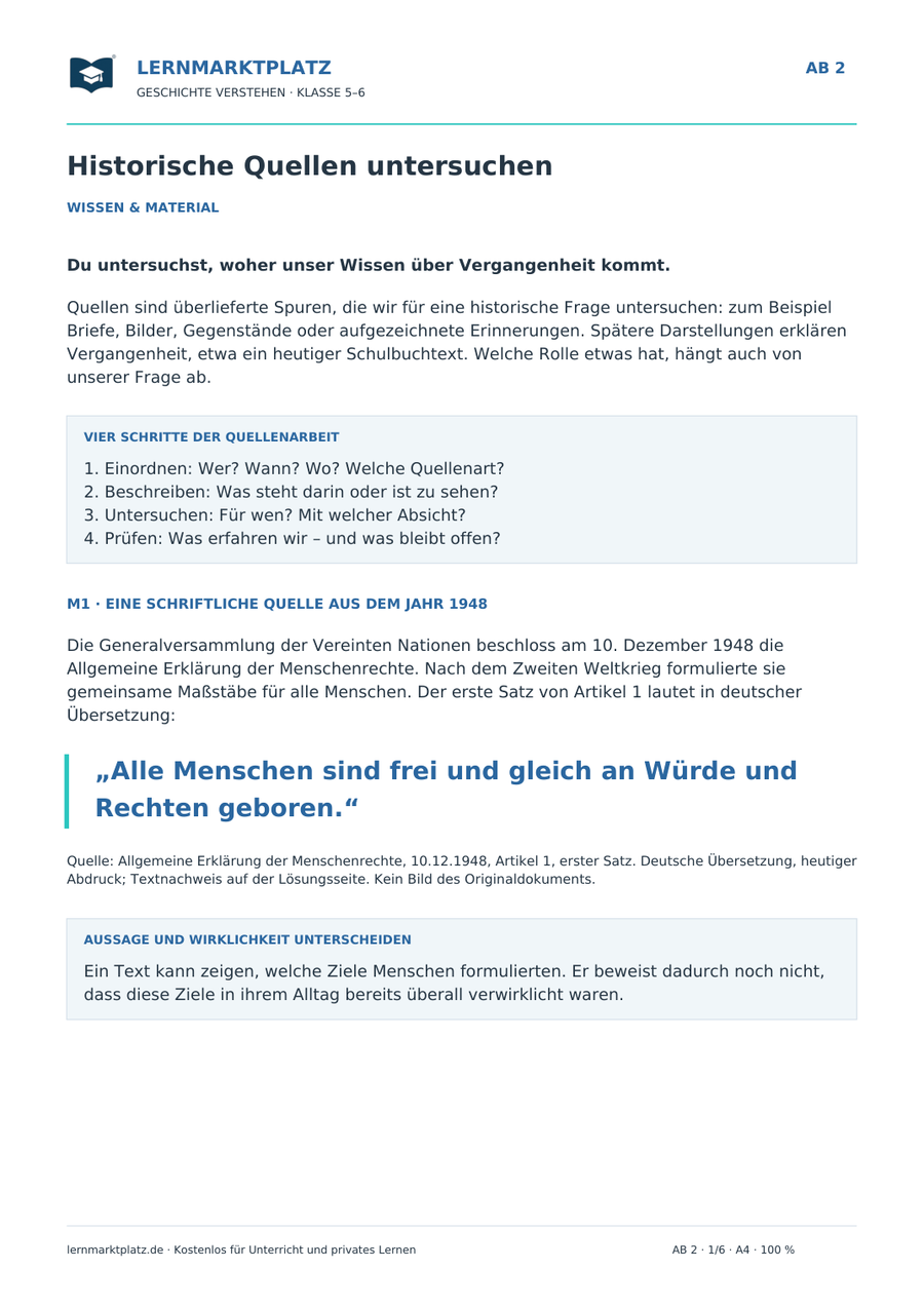 Historische Quellen untersuchen – kostenloses Geschichte-Arbeitsblatt mit Lösungen (PDF)