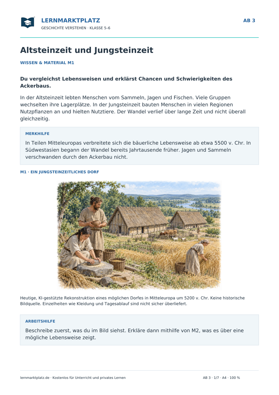 Altsteinzeit und Jungsteinzeit – kostenloses Geschichte-Arbeitsblatt mit Lösungen (PDF)