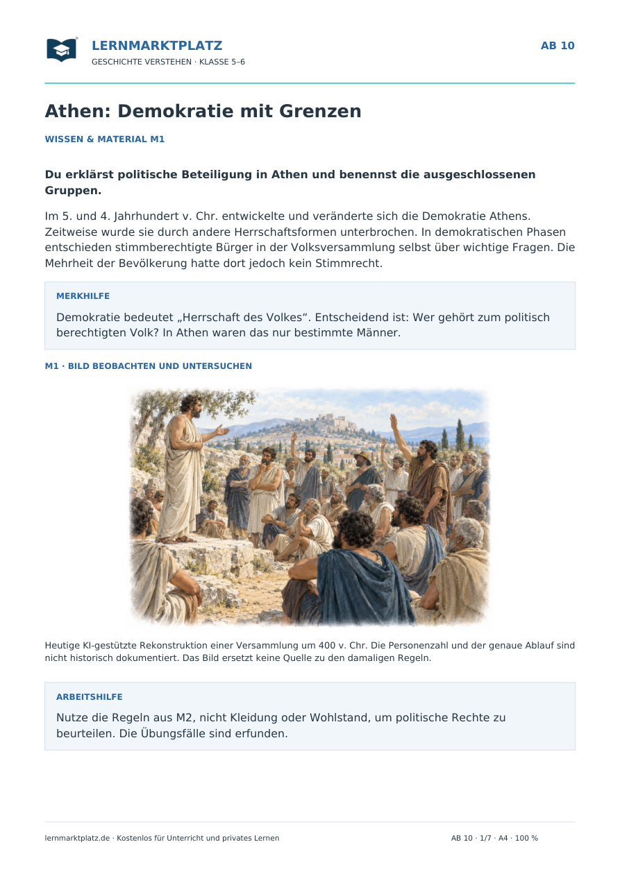 Vorschau: Athen: Demokratie mit Grenzen – Geschichte-Arbeitsblatt Klasse 5–6