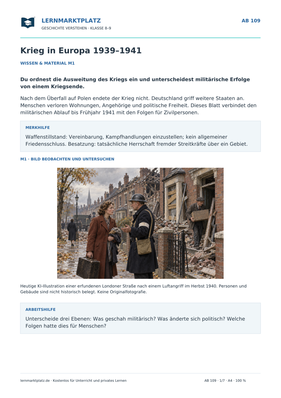 Vorschau: Krieg in Europa 1939–1941 – Geschichte-Arbeitsblatt für Klasse 8–9 von Lernmarktplatz