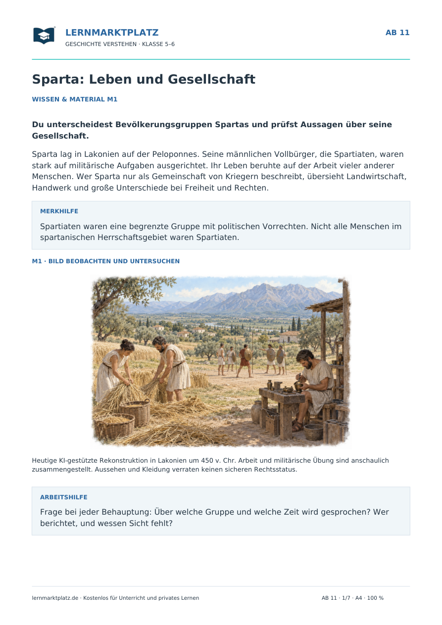 Vorschau: Sparta: Leben und Gesellschaft – Geschichte-Arbeitsblatt Klasse 5–6