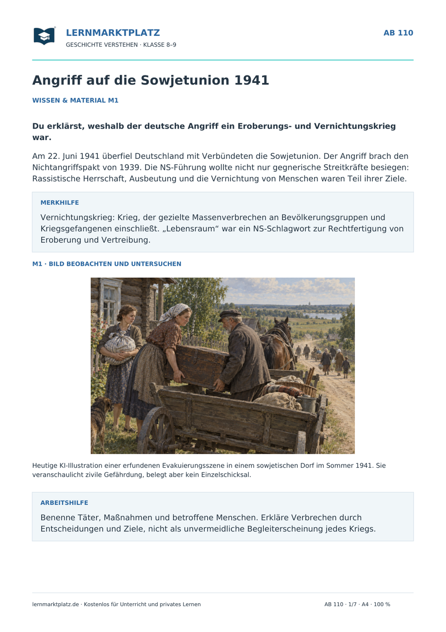 Vorschau: Angriff auf die Sowjetunion 1941 – Geschichte-Arbeitsblatt für Klasse 8–9 von Lernmarktplatz