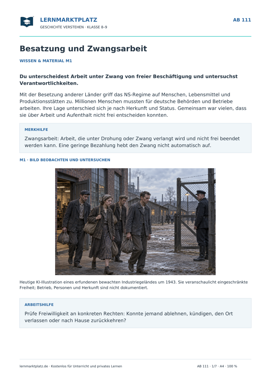 Vorschau: Besatzung und Zwangsarbeit – Geschichte-Arbeitsblatt für Klasse 8–9 von Lernmarktplatz
