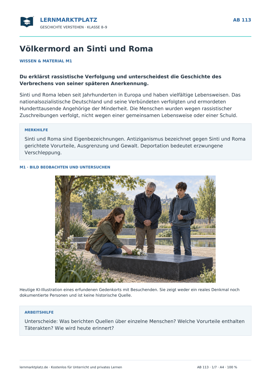 Vorschau: Völkermord an Sinti und Roma – Geschichte-Arbeitsblatt für Klasse 8–9 von Lernmarktplatz